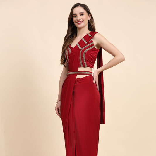 Red Solid Ready To Wear Saree With Stitched Blouse