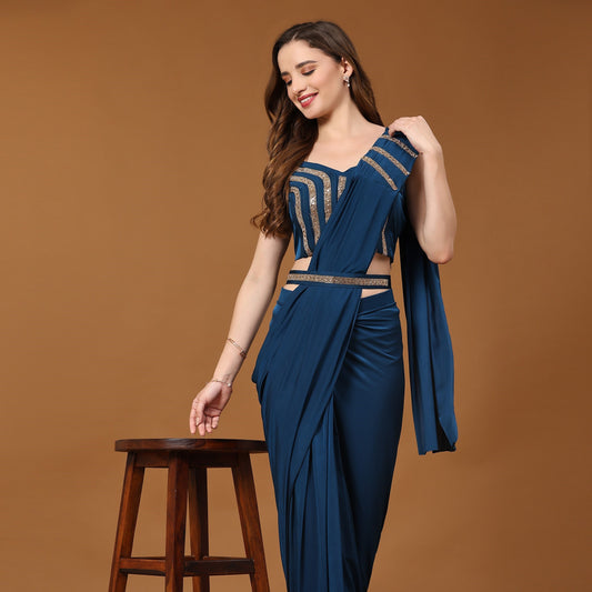 Blue Solid Ready To Wear Saree With Stitched Blouse
