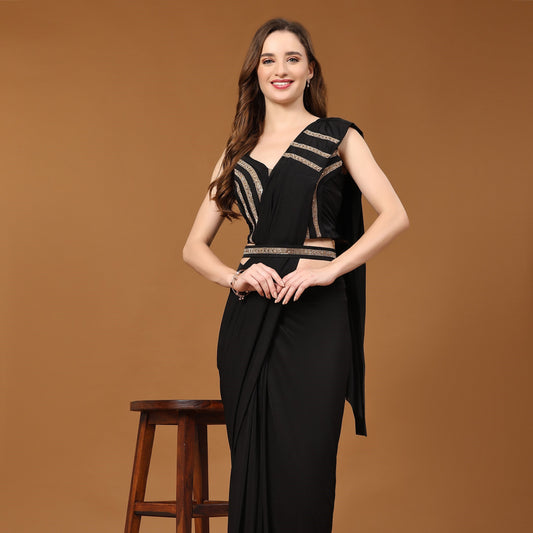Black Solid Ready To Wear Saree With Stitched Blouse