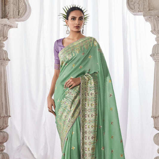 Pista Green Kora Silk Wedding Saree With Designer Minakari Pallu & Attached With Heavy Tassels