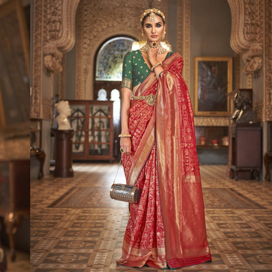 Red Woven Banarasi Silk Saree For Wedding Reception