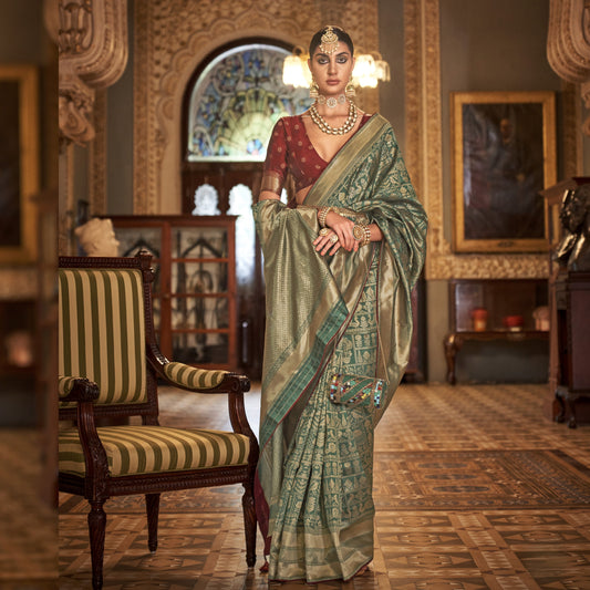 Locust Green Woven Banarasi Silk Saree For Wedding Reception