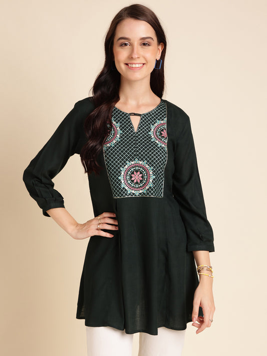 Green Rayon Yoke Embroidered A- Line Top