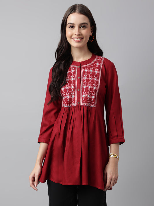 Red Rayon Yoke Embroidered A-Line Top