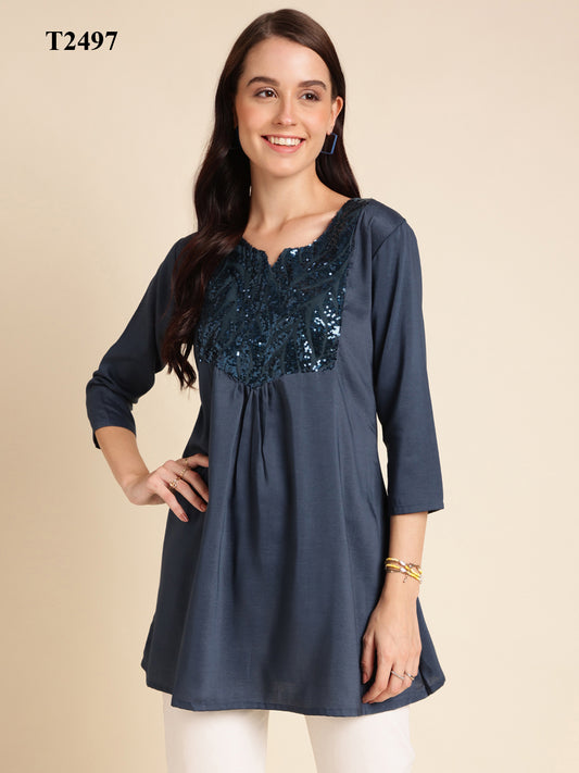 Teal Poly Rayon Yoke Sequins Embroidered A-Line Top