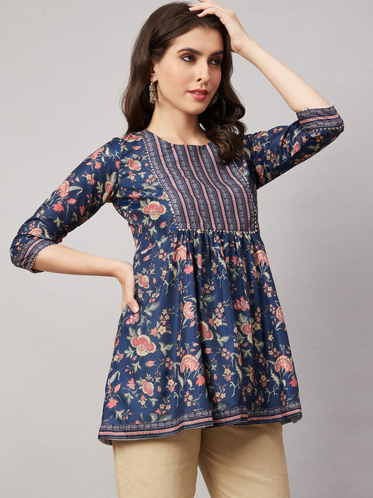 Navy Blue Chinon Floral Printed Short Top