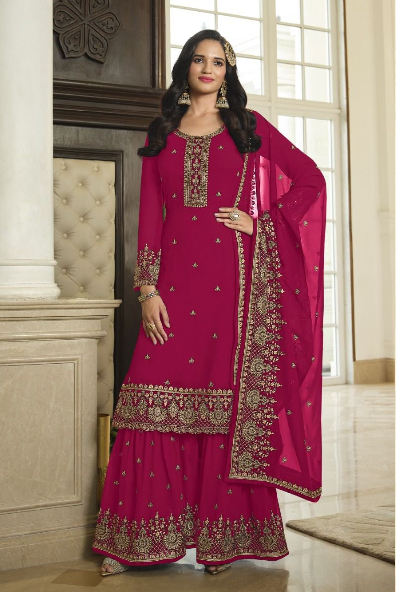 Rani Pink Wedding Wear Sequence Sharara Suit