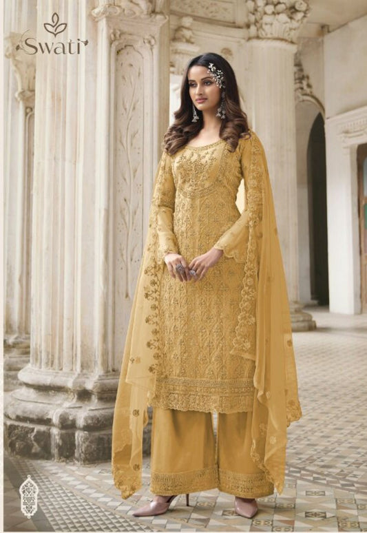 Gold Colored Heavy Butterfly Net With Embroidery Designer Palazzo Suit