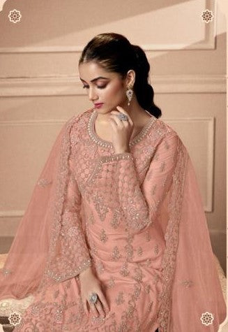 Peach Party Wear Heavy Net Embroidered Palazzo Suit