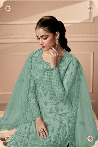 Mint Green Colored Heavy Net Butterfly Embroidered Party Wear Palazzo Suit