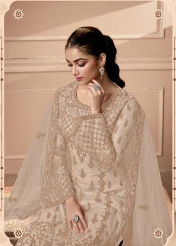 Cream Colored Heavy Butterfly Net Embroidered Designer Palazzo Suit