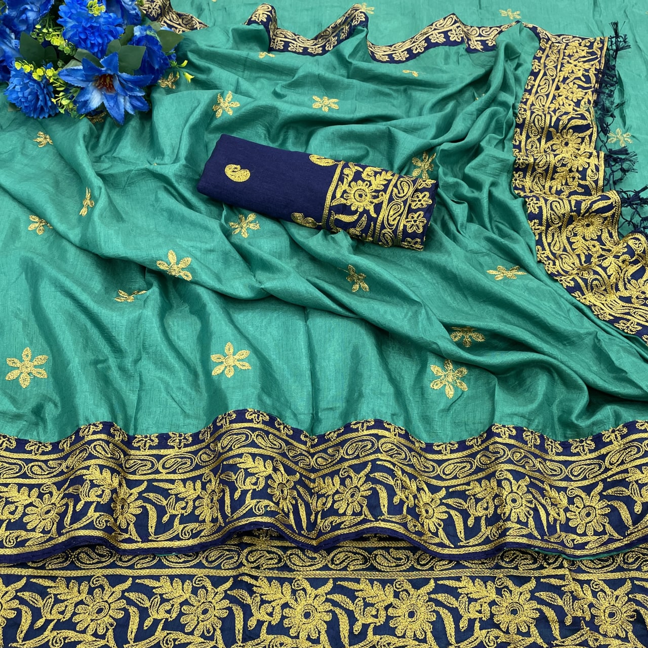 Green Colored Fastive Wear Embroidered Sana Silk Saree – Apparel Designer