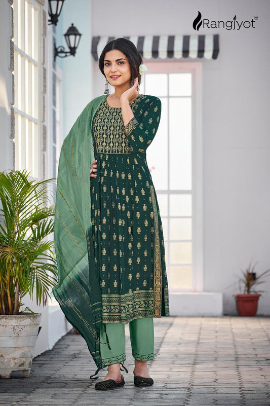 Green Colored Gold Print Hand Work Heavy Rayon Kurti Pant With dupatta