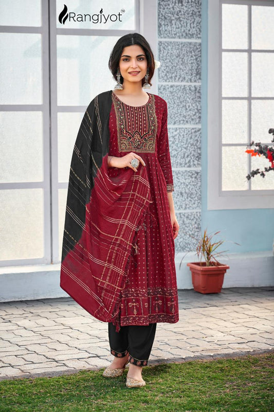 Maroon Colored Party Wear Golden Hand Work Rayon Kurti Pant With Dupatta