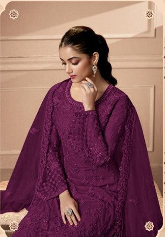 Purple Colored Heavy Net Embroidered Sangeet Wear Palazzo Set