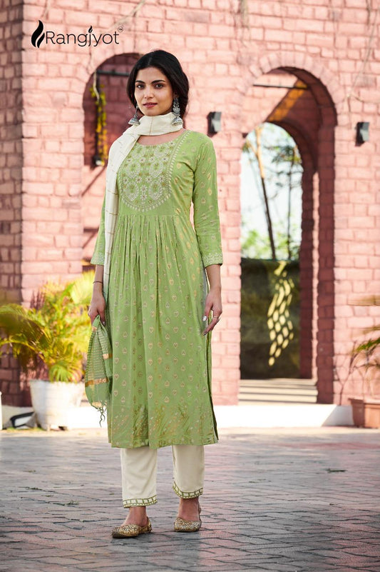Pista Green Casual Wear Hand Work Embroidery 14Kg Rayon Kurti Pant Set With Dupatta