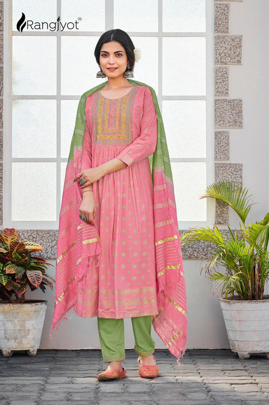 Pink Colored Party Wear Golden Embroidered heavy Rayon Kurti Pent With Dupatta