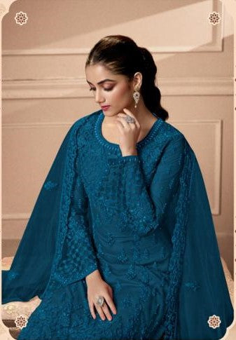 Heavy Butterfly Net Embroidered Blue Colored Palazzo Suit