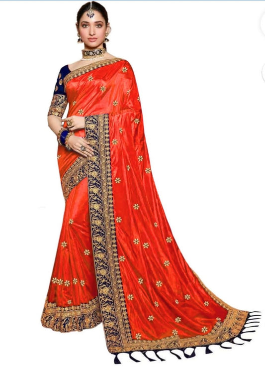Orange Colored Festive Wear Embroidered Sana Silk Saree