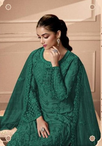 Green Colored Party Wear Heavy Embroidered Palazzo Suit