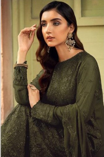 Mehendi Colored Festive Wear Embroidered Georgette Fabric Heavy Pakistani Suit