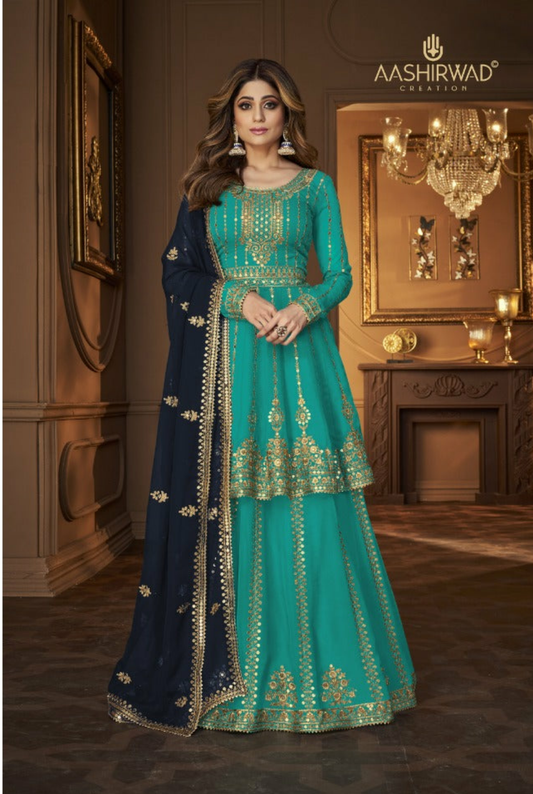 Turquoise Blue Function Wear Sequence Embroidered Sharara Suit