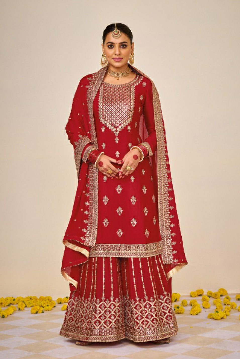 Embroidered Faux Georgette Designer Pakistani Suit In Red