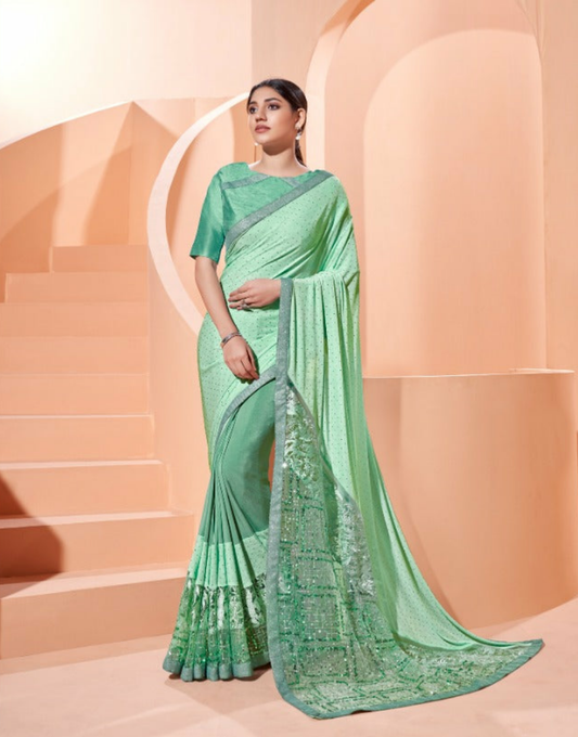 Sea Green Traditional Wear Sequence Embroidered Designer Saree