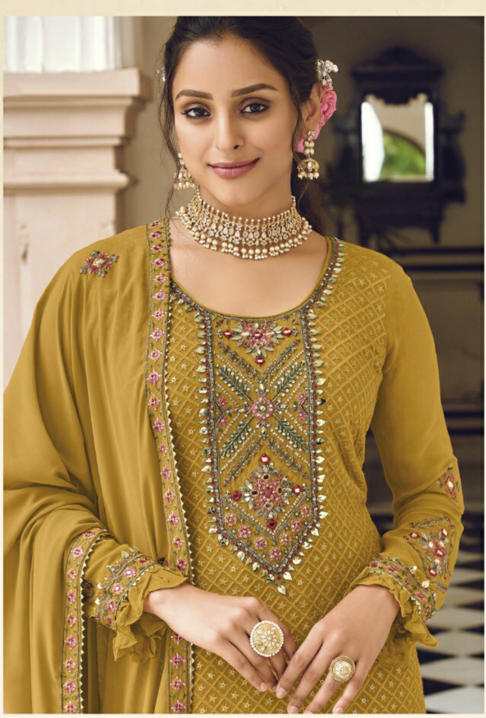 Mustard Color Wedding Wear Sequence Embroidered Pant Style Designer Suit