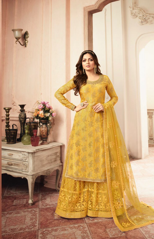 Yellow Color Heavy Haldi Wear Embroidered Dolla Jacquard Palazzo Suit