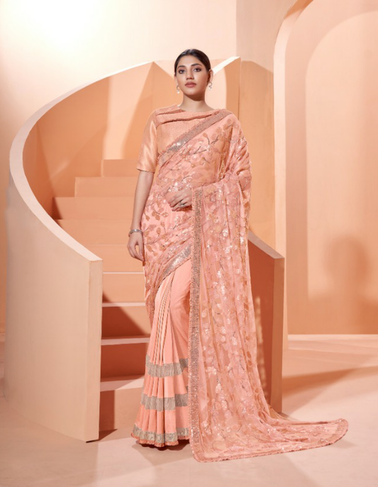 Opulent Peach colored Traditional Wear Embroidered Lycra Saree