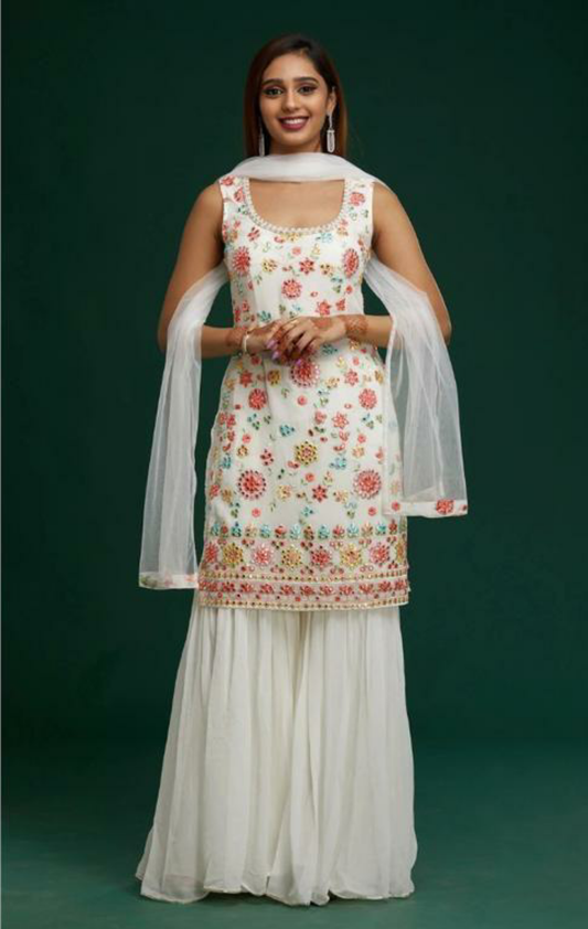 Off White Wedding Wear Embroidered Mirror Work Sharara Suit