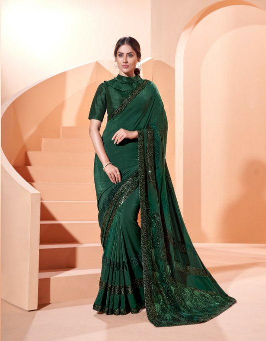Blissful Green Colored Festive Wear Embroidered Lycra Saree