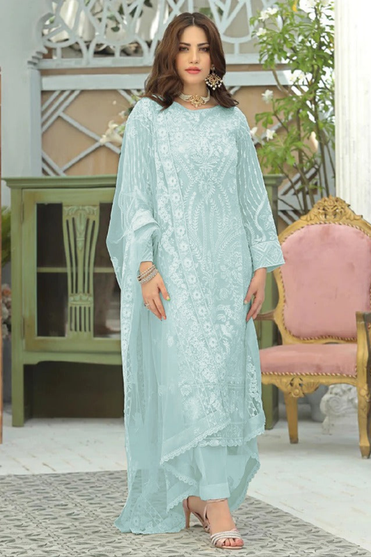 Sky Blue Georgette Embroidered Partywear Pant Style Salwar Suit
