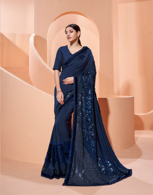 Glorious Navy Blue Colored Bridal Wear Embroidered Lycra Saree