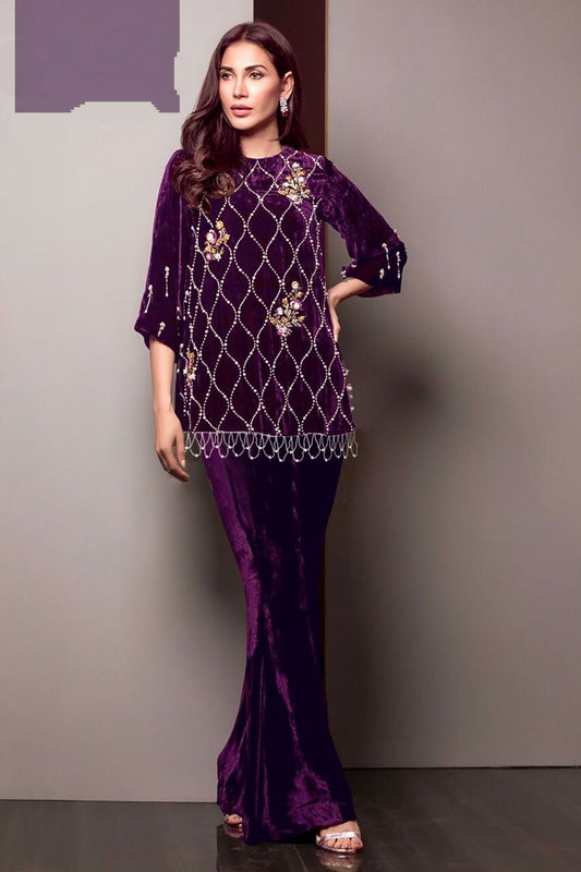 Demanding Purple Colored Designer Handwork Style Velvet Tunic