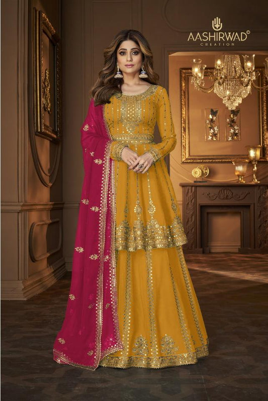 Yellow Colored Sangeet Wear Sequence Embroidered Designer Sharara Suit