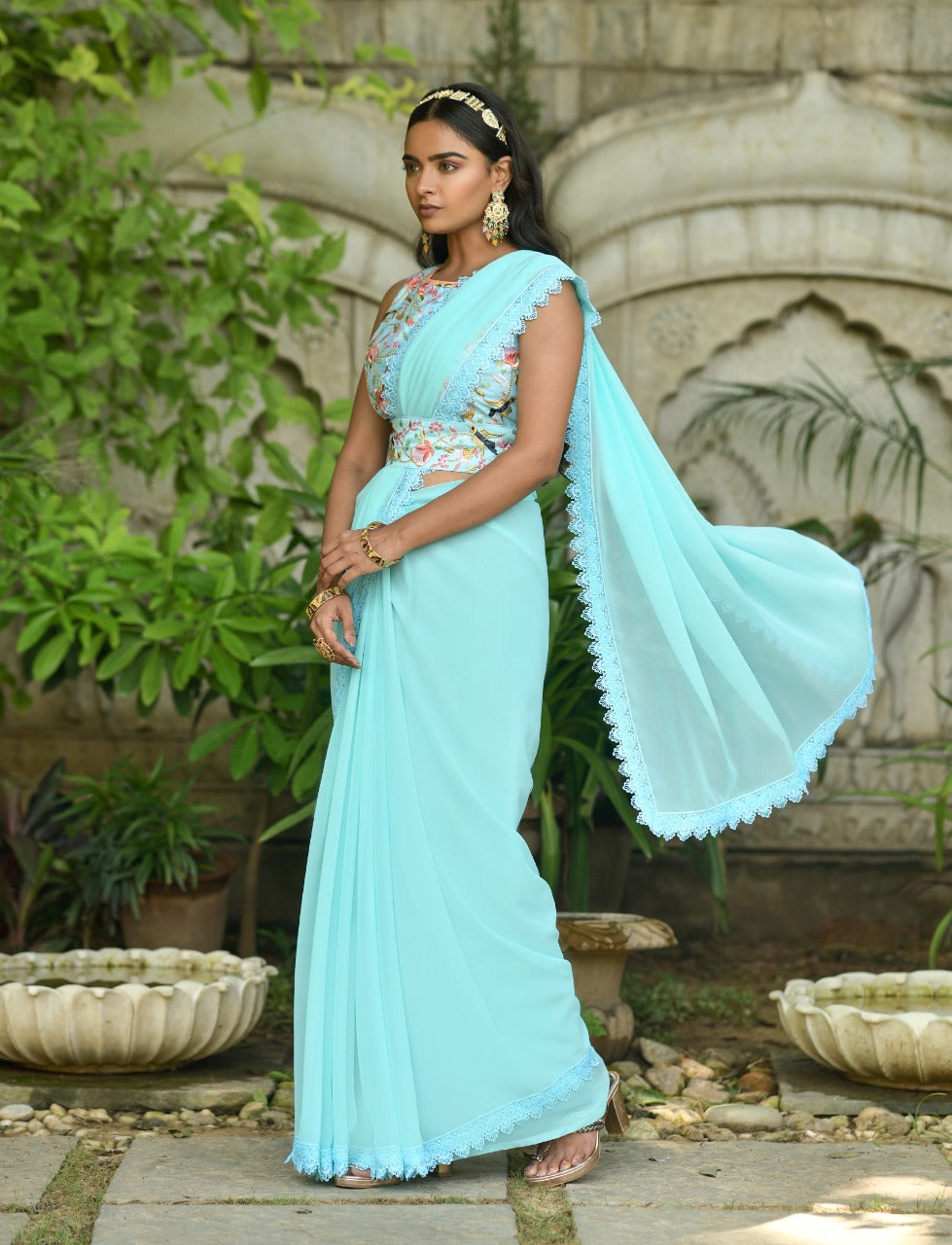 Shop Now Sky Blue Color Plain Net Saree Designed With Golden Lace Border  Work Designer Net Sarees – Lady India