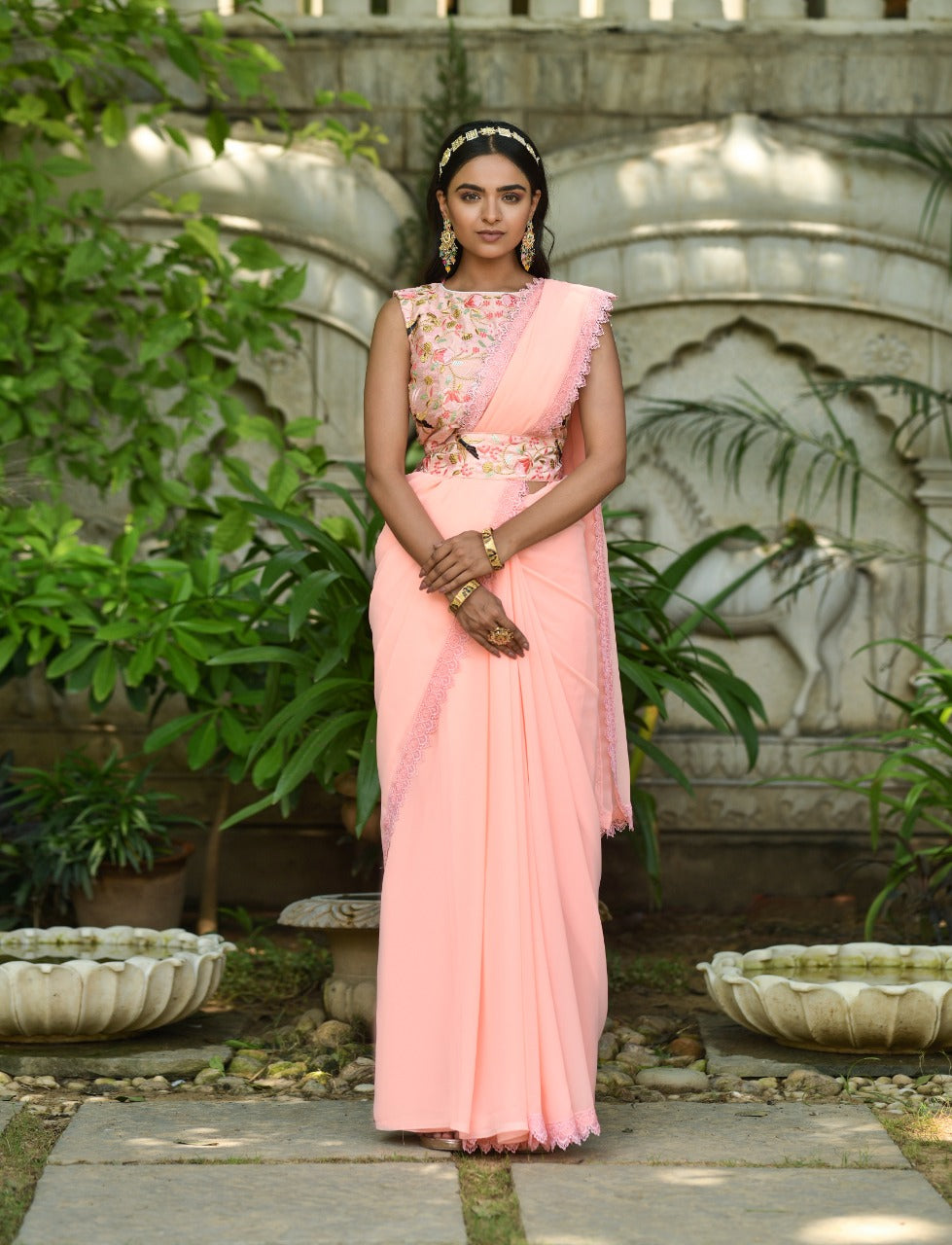 Peach Colored Partywear Embroidered Belt Style Georgette Saree with De –  Apparel Designer