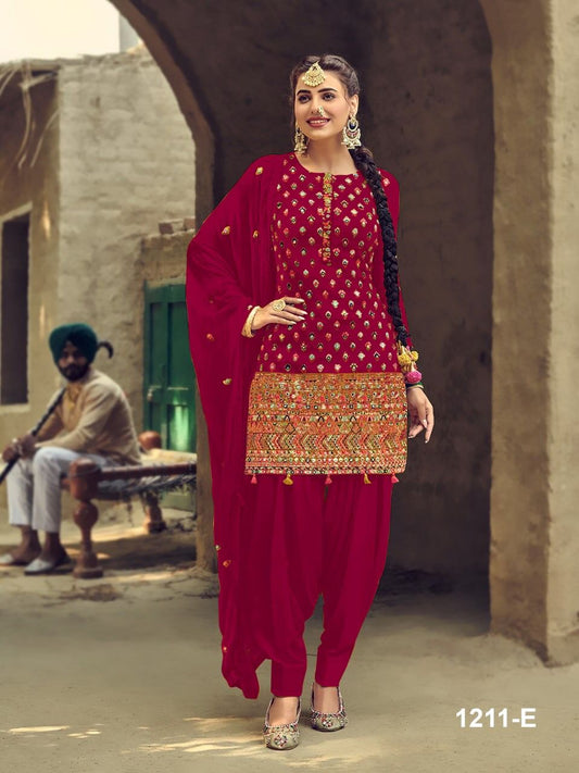 Festive Wear Dark Pink Sequence Embroidered Faux Georgette Designer Patiala Suit