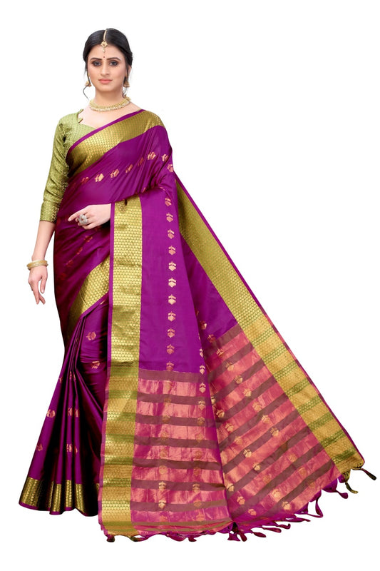 Rani Pink Festive Wear Woven Border Cotton Silk Printed Saree With Tassels