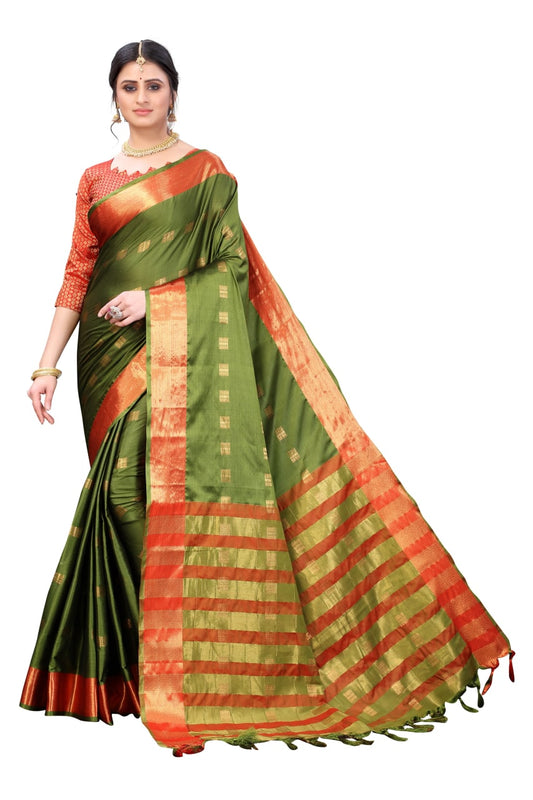 Green Festive Wear Woven Border Cotton Silk Printed Saree With Tassels