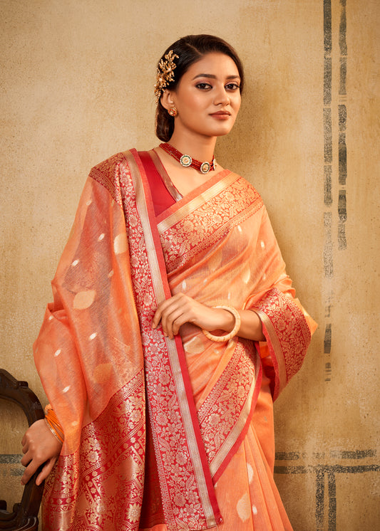 Woven Tissue Silk Saree Orange Colour Traditional Wear