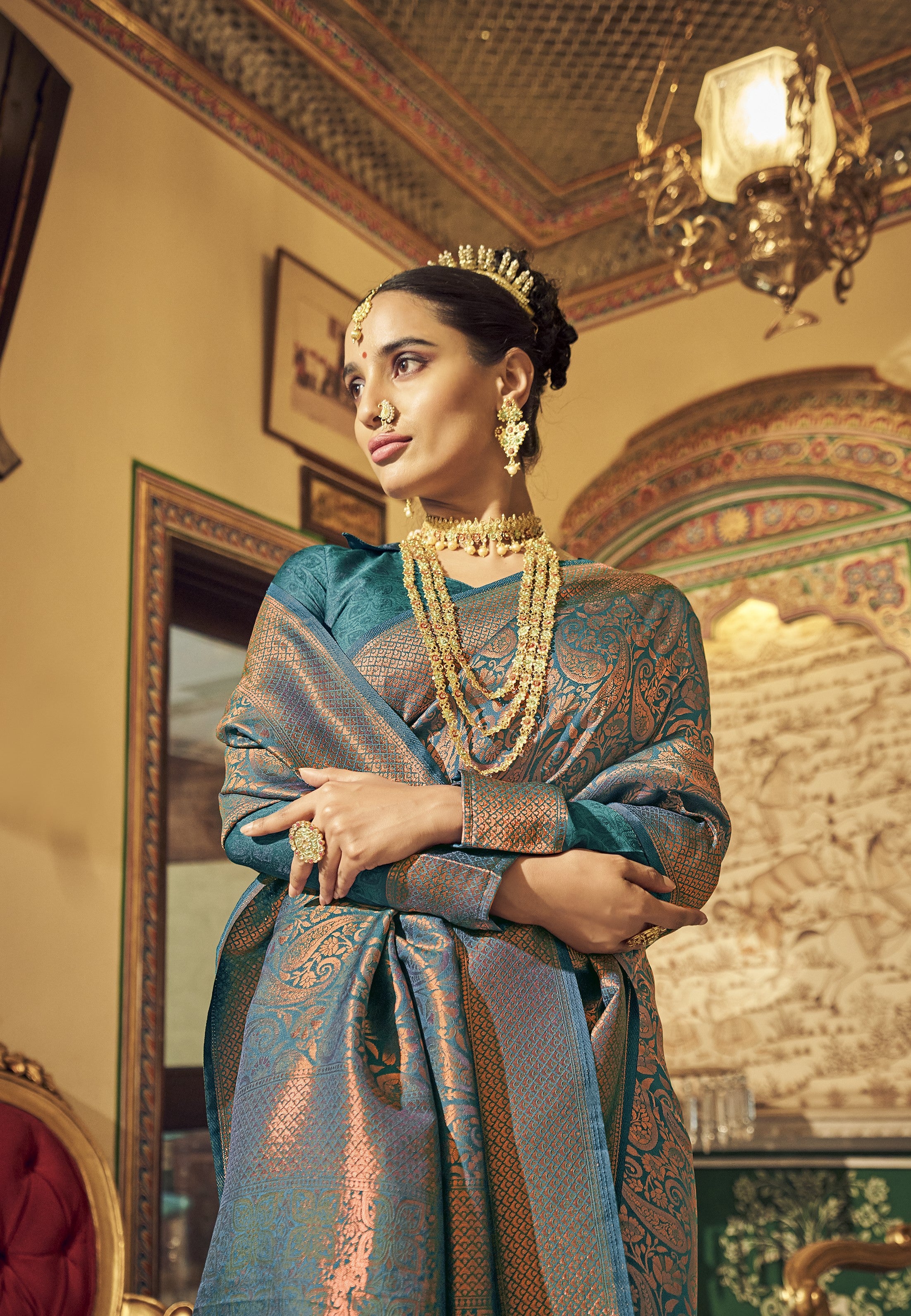 Black Soft Litchi Silk Saree with Copper Zari Work – Isha Fancy
