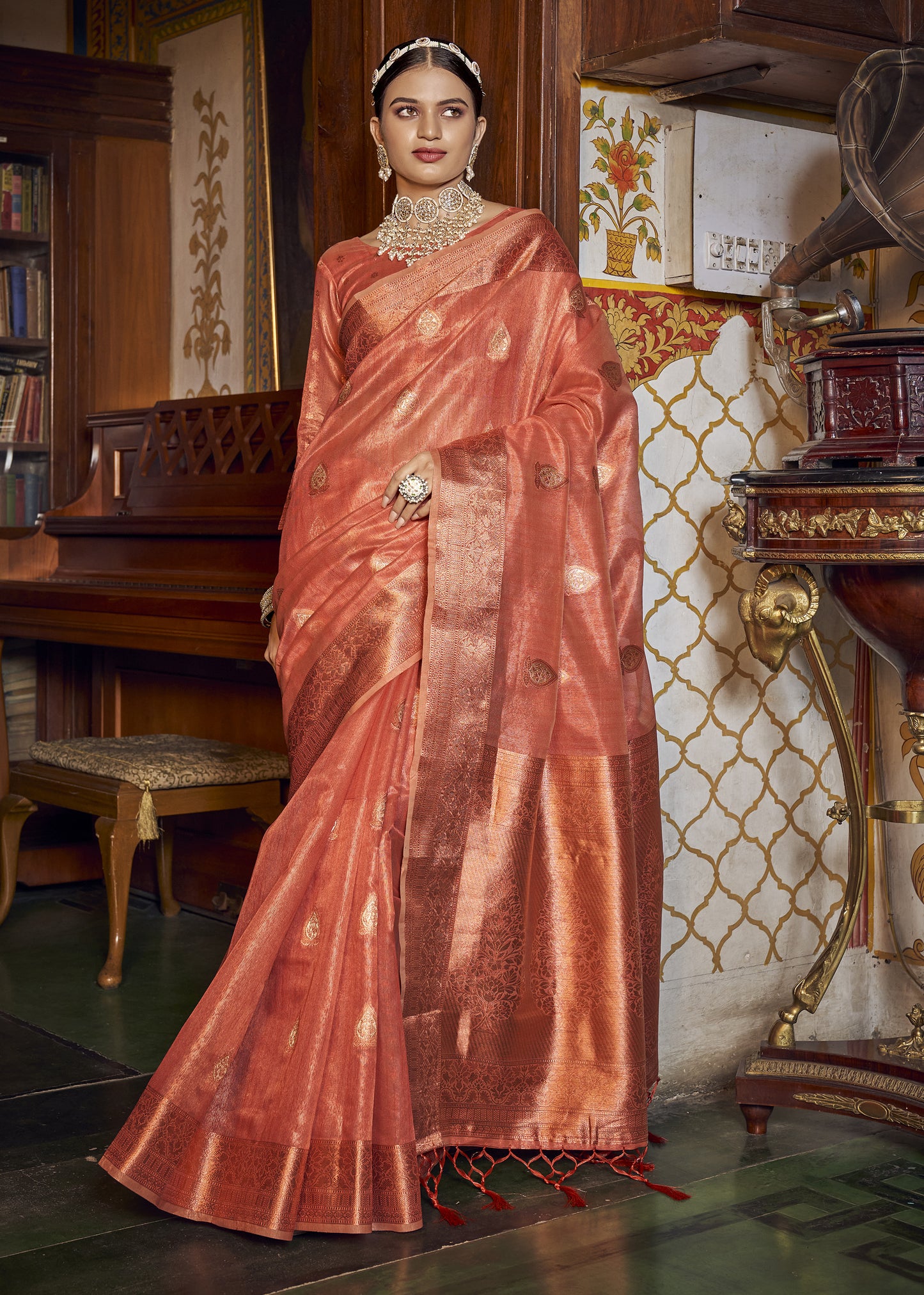 Light Red Woven Zari Work Banarasi Copper Tissue Silk Saree