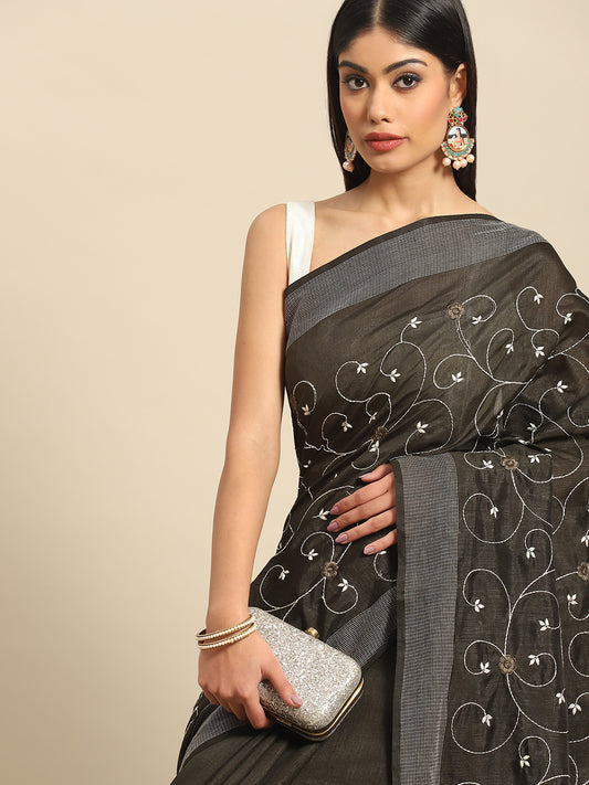 Black Casual Wear Floral Embroidered Cotton Saree