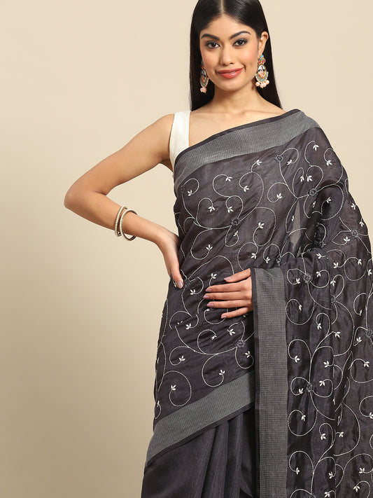 Grey Casual Wear Floral Embroidered Cotton Saree