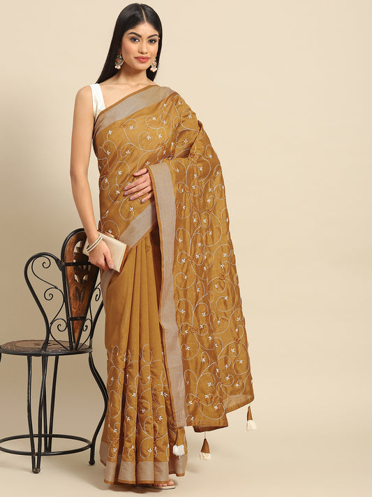 Yellow Festive Wear Floral Embroidered Cotton Saree