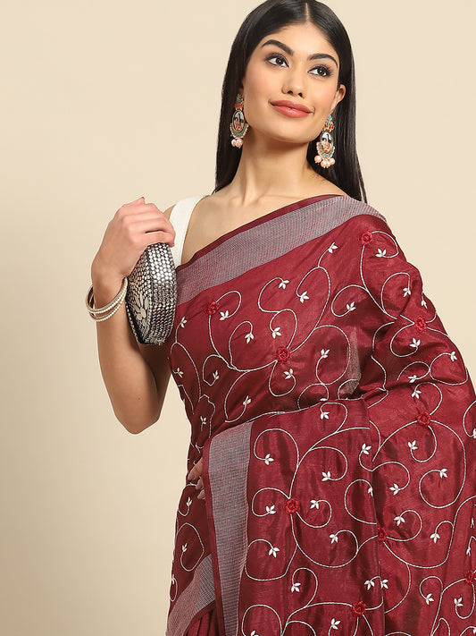 Maroon Casual Wear Floral Embroidered Cotton Saree