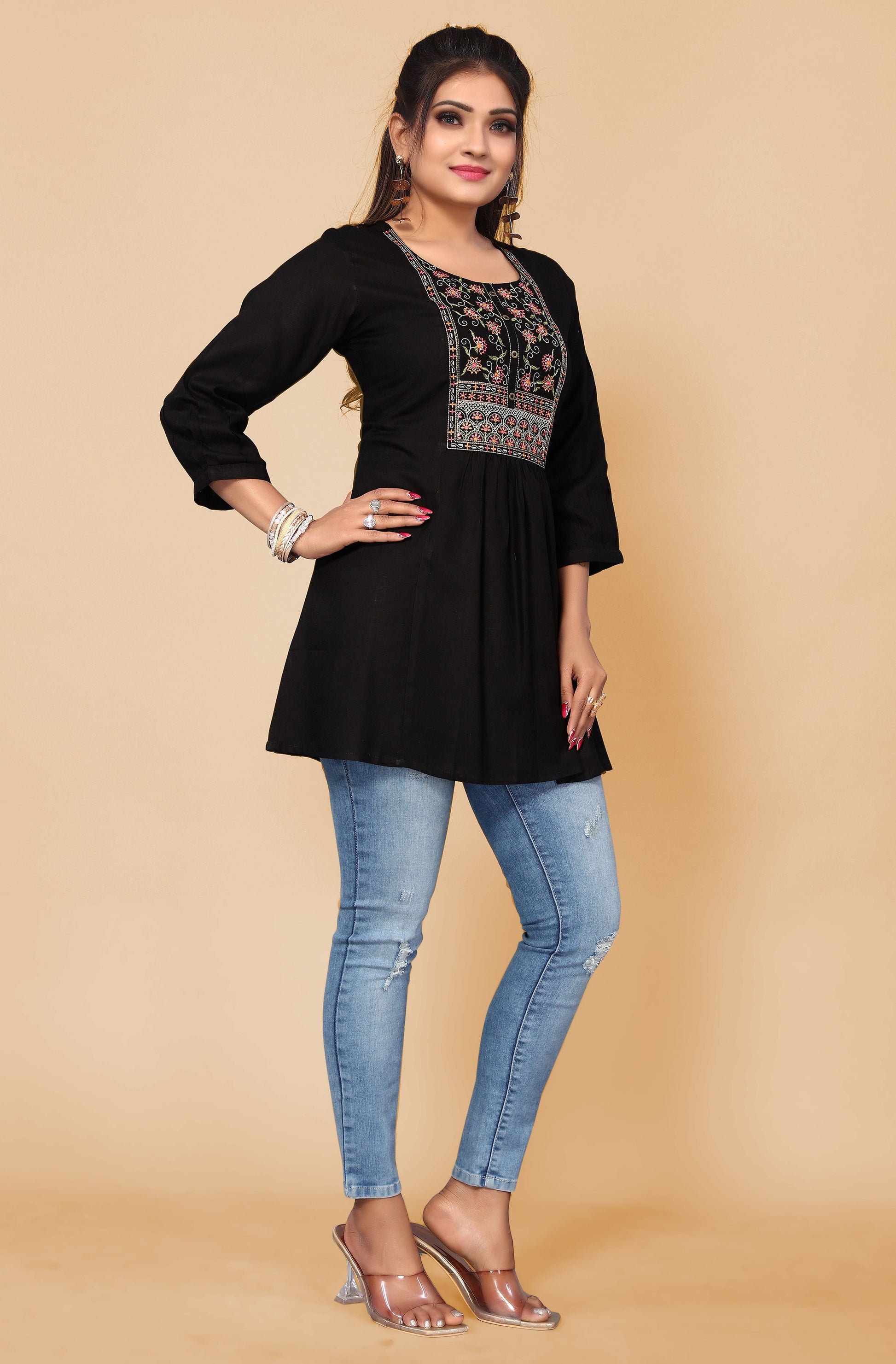 Black Casual Wear Floral Embroidered Rayon Top